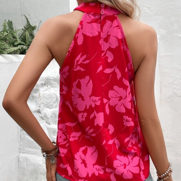 Red Boho Womens Floral Print Criss Cross Halter Neck Blouse - Picture 2 of 5